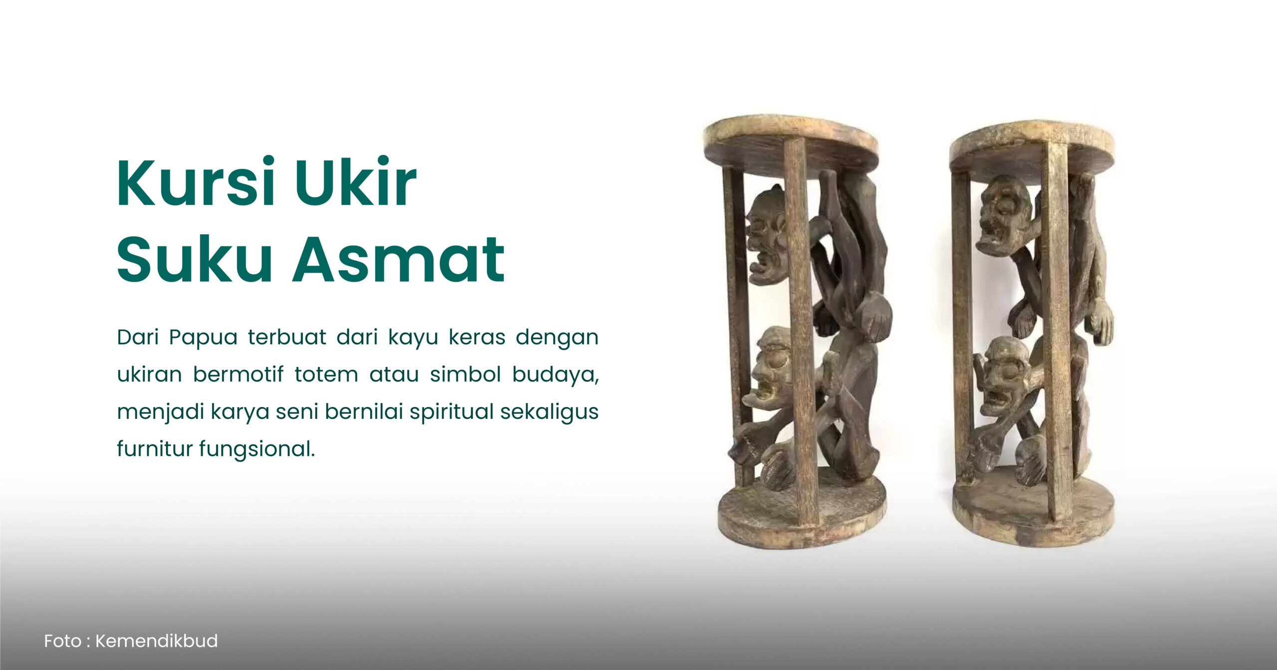 Kursi Ukir Suku Asmat Dari Papua terbuat dari kayu keras dengan ukiran bermotif totem atau simbol budaya, menjadi karya seni bernilai spiritual sekaligus furnitur fungsional.
